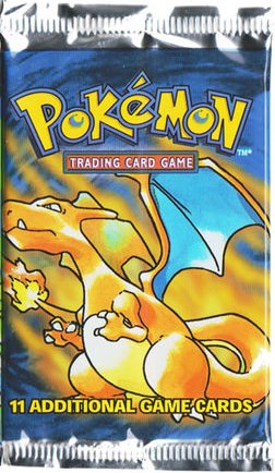 Image of a booster pack of the original Base 1 set of pokemon cards