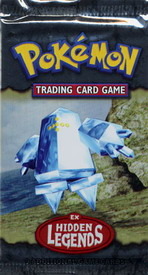 Image of the front of a booster pack from the Ex Hidden Legends set of pokemon cards